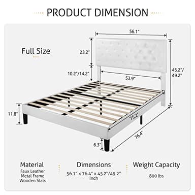 SHA CERLIN Full Size Bed Frame with Button Tufted Headboard, Faux Leather Upholstered Mattress Foundation, Platform Bed Frame, Wooden Slat Support, No Box Spring Needed, White - Image 2