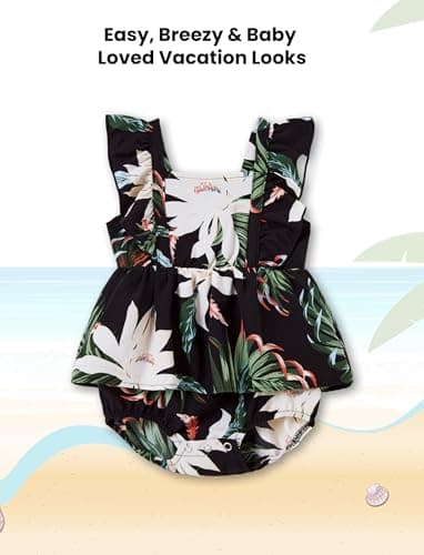 PATPAT Matching Family Floral Outfits - Mommy and Me Hawaiian Dress Matching Set Tropical Palm Newborn Dress Leaf Print Halter Neck Romper Dress Black Flower Baby Girl 9-12 Months - Image 3