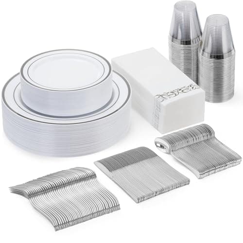 Goodluck 175 Piece Silver Dinnerware Set for 25 Guests, Plastic Disposable Plates for Party, Includes Dinner and Dessert Plates, Paper Napkins, Cups, Silverware Set - Image 1
