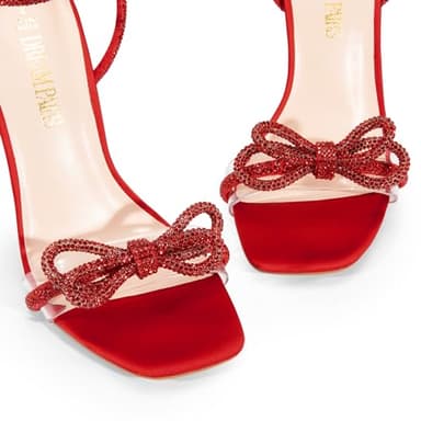 DREAM PAIRS Women's Double Bowknots Crystal Sandals Clear Slingback Heels Square Toe Shoes for Party Wedding Brielle,Size 9.5,Red-Satin,SDHS2389W - Image 5