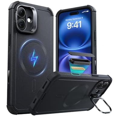 ESR for iPhone 16 Case with Stash Stand, Camera Control, 23FT Military-Grade Shock-Absorbing Drop Protection, Compatible with MagSafe Accessories, Magnetic Cyber Series, Black - Image 1