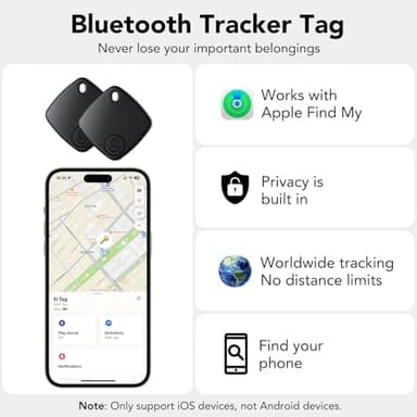 Air Tag (Black) 2-Pack, Bluetooth Tracker Work with Apple Find My (iOS Only), Key Finder and Item Locator Smart Tag with Key Ring/Lanyard, Tracker Tag for Keys/Luggage/Wallet, Replaceable Battery - Image 2