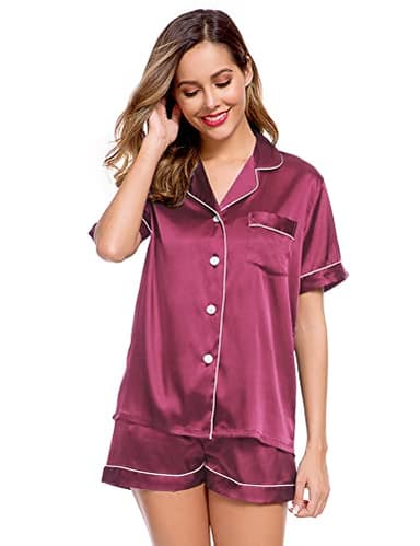 LecGee Womens Silk Satin Pajamas Short Sleeve Loungewear Two-Piece Sleepwear Button-Down Pj Set - Image 2