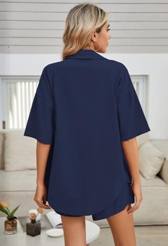 Fixmatti Linen Sets For Women 2 Piece Casual Short Sleeve Sweatsuit Outfit Shirt And High Waisted Shorts Set Navy XL - Image 9