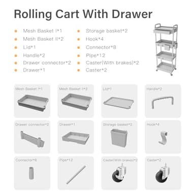 4 Tier Rolling Utility Cart with Drawer,REBECAT Utility Cart Made of Multifunctional Storage Organizer Tool for Kitchen,Bathroom,Living Room,Office(Gray) - Image 4