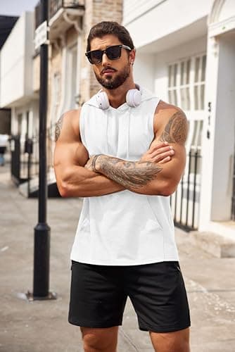COOFANDY Men's Workout Hooded Tank Tops Bodybuilding Muscle Cut Off T Shirt Sleeveless Gym Hoodies White - Image 4