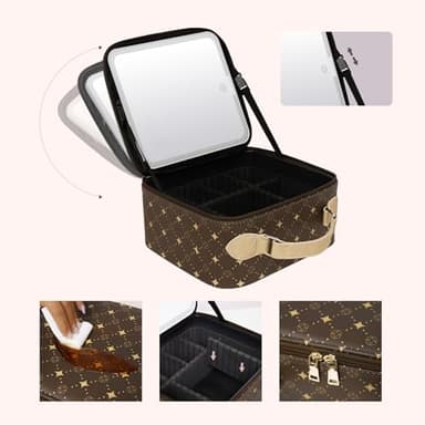 Travel Makeup Bag With 360° rotating LED Mirror,Waterproof cosmetic organizer,Portability Cosmetic case,Makeup organizer,Gift for Women,Girls Gift (Brown) - Image 5