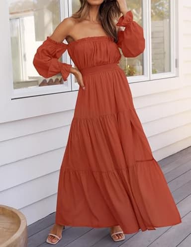 ZESICA Women's 2024 Boho Sexy Off Shoulder Long Sleeve Smocked High Waist Side Split Flowy A Line Tiered Long Maxi Dress,Rust,X-Large - Image 3