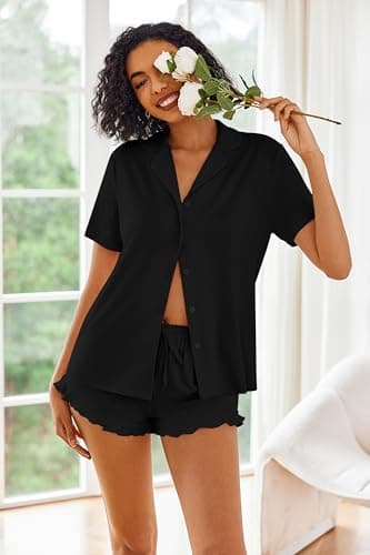 Ekouaer Pajamas Set for Women Short Sleeve Sleepwear Button Down Pjs Lounge Sets Soft Nightwear Black X-Large - Image 2