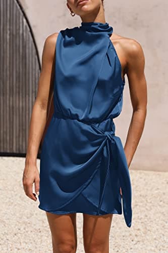 PRETTYGARDEN Women's Short Formal Satin Dress Summer Sleeveless Mock Neck Tie Waist Cocktail Party Dresses (Dark Blue,Small) - Image 8