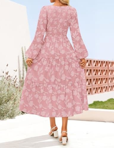 ZESICA Women's Fall Boho Floral Midi Dress 2025 Casual Long Sleeve Crewneck Flowy Wedding Guest Long Dresses,Pink,Medium - Image 4