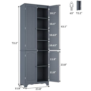 Function Home Tall Pantry Cabinet, Freestanding Storage Cabinet, Wooden Kitchen Pantry with 4 Doors and 5 Shelves, 72" Floor Cabinet Organizer for Kitchen Living Room Bathroom, Grey - Image 3