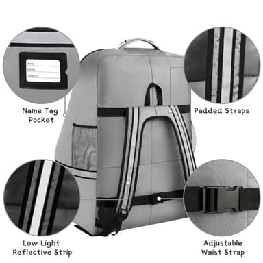 Car Seat Travel Bag,Padded Car Seats Backpack with Steel Cable Handle and Reflective Stripes, Large Durable Carseat Carrier Bag,Airport Gate Check Bag,Infant Seat Travel Bag with Shoulder Strap,Grey - Image 4