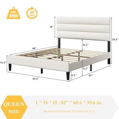 Acurax Queen Size Bed Frame with Velvet Upholstered Headboard, Beige Platform Bed Frame with Metal Support, Upholstered Mattress Foundation, No Box Spring Needed, Noise Free, Easy Assembly, White - Image 2