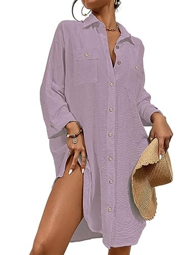 Bsubseach Womens Modern Swimsuit Cover Up Blouse Button Down Shirt Dresses Tops Light Purple - Image 1