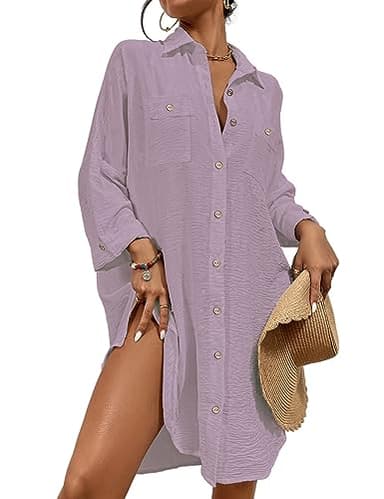 Bsubseach Womens Modern Swimsuit Cover Up Blouse Button Down Shirt Dresses Tops Light Purple - Image 1
