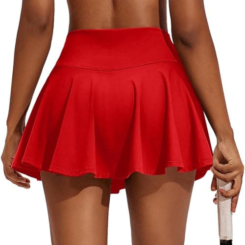 PINSPARK Tennis Skirts for Women Tummy Control Golf Skort with Shorts 14" A Line Sport Skirt, Red Large - Image 1