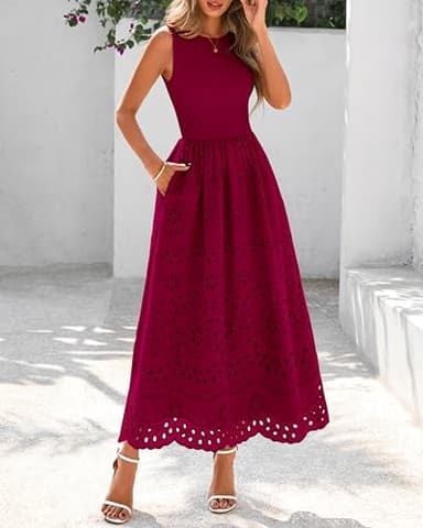 dowerme Women Summer Dresses 2025 Casual Sleeveless Crewneck A-Line Boho Lace Eyelet Cotton Tank Maxi Dress with Pockets(Wine Red,Small) - Image 2