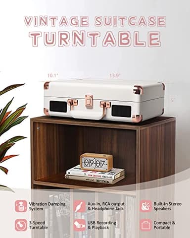 Vinyl Record Player Bluetooth Vintage 3-Speed Portable Suitcase Turntables with Built-in Speakers, Belt-Driven LP Player Support USB Recording AUX-in RCA Line Out Headphone Jack, White - Image 4