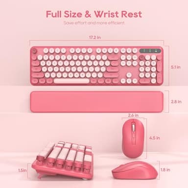 Wireless Keyboard and Mouse Combo - Round Keycaps, Full-Size Retro Typewriter Keyboard with Detachable Wrist Rest, Sleep Mode & Tilt Legs, 2.4GHz Cordless Connection for Mac/Windows/PC (Hot Pink) - Image 8