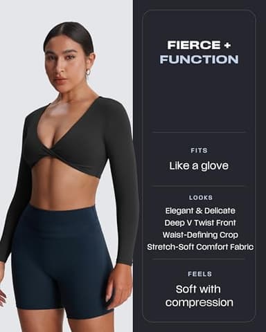 Aoxjox Long Sleeve Crop Tops for Women Sienna Twist Deep V Workout Cropped T Shirt Top (Black, Medium) - Image 3