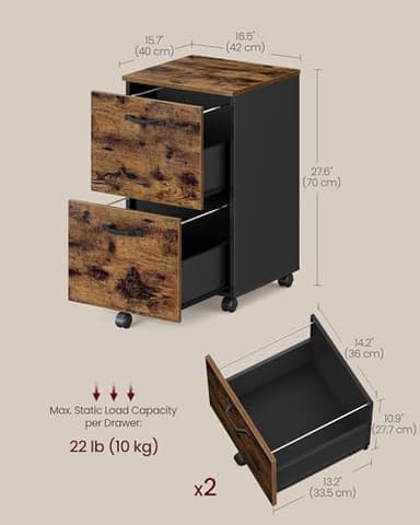 VASAGLE 2-Drawer File Cabinet, Small Rolling Filing Cabinet for Home Office, Printer Stand, for A4, Letter-Size Documents, 15.7 x 16.5 x 27.6 Inches, Rustic Brown and Ink Black UOFC040B01 - Image 3