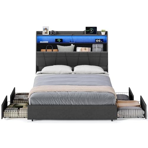 VASAGLE Queen Bed Frame with 51.4 Inch Tall Storage Headboard, Bed Frame Queen Size with 4 Storage Drawers on Wheels, LED Lights, Charging Station, No Box Spring Needed, Modern, Dark Gray URMB891G02 - Image 1