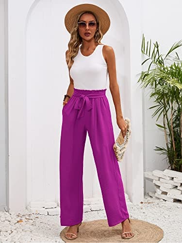 Heymoments Women's Wide Leg Lounge Pants with Pockets Magenta Large Lightweight High Waisted Adjustable Tie Knot Loose Comfy Casual Trousers - Image 5