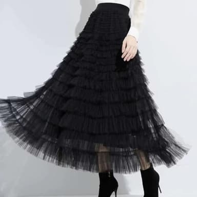 Flygo Women's Long Maxi Tulle Skirts A Line Ruffle High Waisted Tiered Layered Mesh Tutu Skirt Petticoat(Black-XL) - Image 2