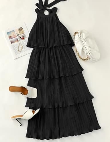 ZESICA Women's 2025 Summer Sleeveless Halter Neck Ruffle Tiered Layed Chiffon Flowy Swing Long Midi Dress,DarkBlack,X-Large - Image 6