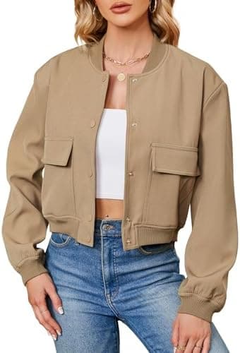 Zando Bomber Jacket Women 2026 - Short Cropped Jacket Women Button Down Long Sleeve Casual Varsity Jackets with Pockets - Image 5