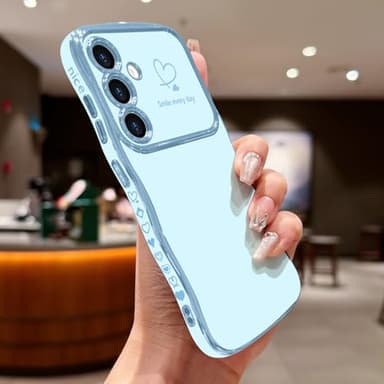 LCHULLE for Samsung Galaxy S24 Plus Case for Women Girls, Cute Wave Frame Curly Shape with Love Heart Camera Protection Cover Luxury Plating Shockproof Phone Case for Galaxy S24 Plus 5G, Baby Blue - Image 2