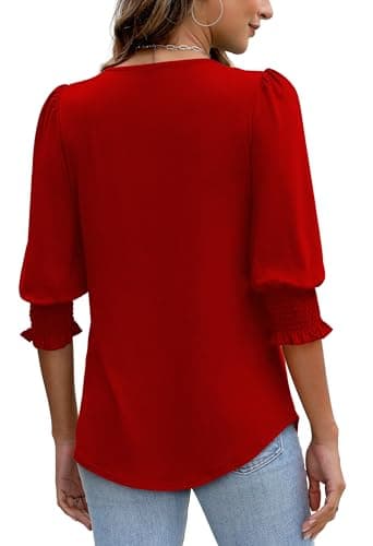 XIEERDUO 3/4 Length Sleeve Womens Tops Blouses for Women Dressy Casual Womens Short Sleeve Tops Red L - Image 5