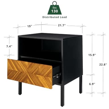 Bme Vivian Solid Wood Nightstand, End Table, Bedside Table with Herringbone Pattern for Rustic Bedroom, Easy Assembly, Rustic Golden Brown and Black - Image 2