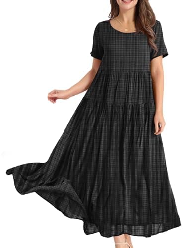 YESNO Women Casual Loose Bohemian Floral Dress with Pockets Short Sleeve Long Maxi Summer Beach Swing Dress (M EJF Solid C Black) - Image 1