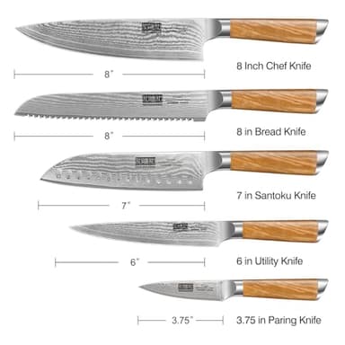 HOSHANHO 5 Pieces Kitchen Knife Sets, Ultra Sharp Professional Damascus Super Steel Chef Knives Sets with Ergonomic Olive Wood Handle, Including Chef, Bread, Santoku, Utility & Paring Knives - Image 3