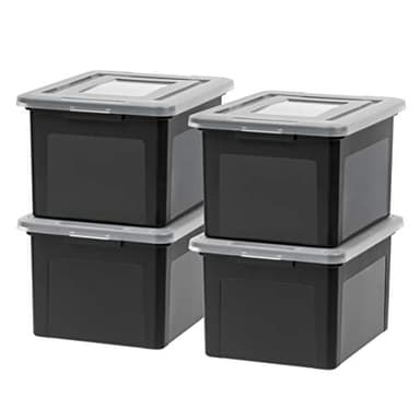 IRIS USA File Box, Plastic File Organizer with Lids for Letter/Legal File, Portable Document Box For Moving, Storage Bin with Durable and Secure Lid, Stackable Nestable BPA-Free, Black 35 Qt. 4 Pack - Image 1