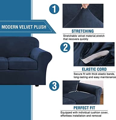 H.VERSAILTEX Modern Velvet Plush 4 Piece High Stretch Sofa Slipcover Sofa Cover Furniture Protector Form Fit Luxury Thick Velvet Sofa Cover for 3 Cushion Couch Width Up to 90 Inch (Sofa,Navy) - Image 3