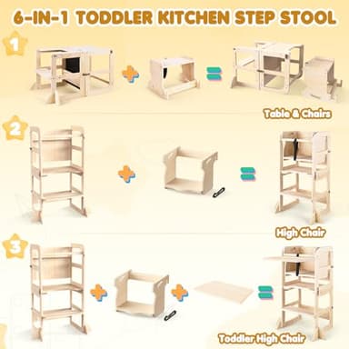 Woodure 6 in-1 Toddler Kitchen Step Stool with Wooden Stool, Foldable Learning Standing Tower with Blackboard & Feeding Tray, Wooden Kitchen Stool Helper for Kids, 1-3 Year Old Boy Girl Gifts - Image 5