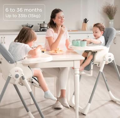 KÜB 3-in-1 Foldable Baby High Chair | Multifunctional Infant High Chairs for Babies and Toddlers | Removable Seat & Tray Easy Clean | 7 Height & 4 Recline Adjustable | 2 Locking Wheels (Grey) - Image 7