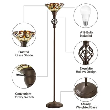 GyroVu Tiffany Floor Lamp, Torchiere Floor Lamps with Stained Glass, 71 Inch Tall Floor Standing Reading Light for Living Room Corner Bedroom Home Office, Bulbs Included - Image 3
