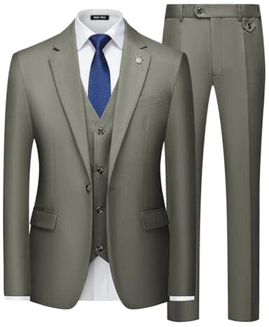 MAGE MALE Mens Suits Slim Fit 3 Piece Tuxedo Suit One Button Solid Prom Wedding Party Blazer Vest Pants Set with Tie Olive Green - Image 1