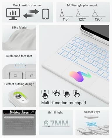 CHESONA for iPad 10th Generation Case with Keyboard, 7 Color Backlight, Multi-Touch Trackpad, Flip Stand Case with Pencil Holder, 2 Wireless Channels for iPad (A16) 11th/10th Gen (2025/2022), White - Image 3