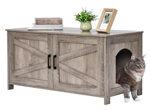 Homhedy 39.4" L Cat Litter Box Enclosure, Pet House with Barn Door, Wooden Cat Washroom Furniture, Fit Most of Litter Box, Greige - Image 1