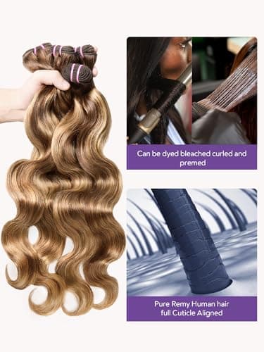 Brown Highlight Body Wave Bundles Human Hair 22 24 26 28 inch 4 Bundles Ombre Blonde Bundles Human Hair Extensions Natural Brazilian Virgin Unprocessed Human Hair - Image 4