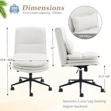 VINGLI Cloud Criss Cross Legged Chair,18" High Back Armless Home Office Desk Chair with Wheels,Wide Adjustable Comfy Padded Seat Task Computer Chair,Modern Swivel Makeup Vanity Chair,Fabric,Beige - Image 2