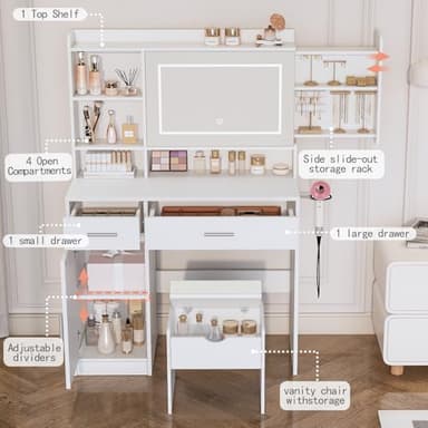 Viaozutis Vanity Desk with Mirror and Lights, with Hidden Shelves,4 Compartments,2 Drawers,Cabinet & Stool,Dimmable LED Lights,Power Outlets, Ideal for Bedroom Vanity Organization(White) - Image 4