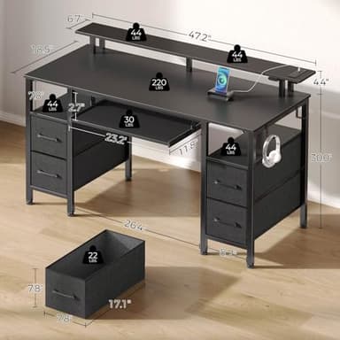 Seventable Computer Desk 47.2" with LED Lights & Power Outlets, Home Office Desk with 4 Drawers, Writing Desk with Keyboard Tray, Study Table with Monitor Stand, Work Desks for Home Office, Black - Image 3