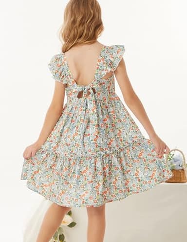 GRACE KARIN Girls Spring Dress Tie Back Flutter Sleeve Dress Green Floral 7Y - Image 5
