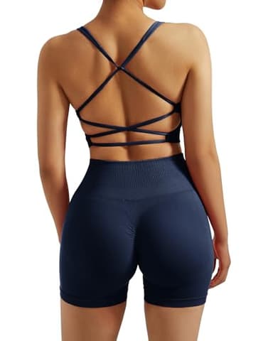 RXRXCOCO Seamless Workout Sets for Women 2 Piece Strappy Sports Bras Scrunch Butt Booty Shorts Matching Yoga Outfits Navy Medium - Image 1